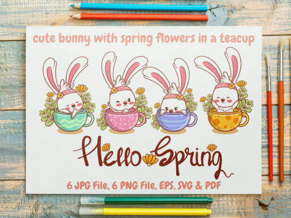 Cute Bunny with Flower Cups